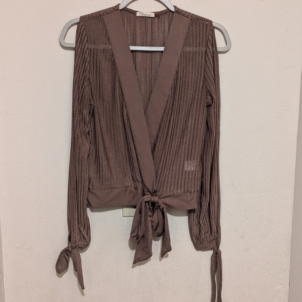 Carmin brown front wrap top long sleeve shirt size small